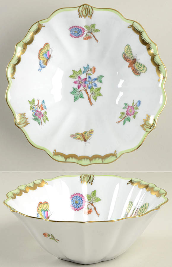 Queen Victoria (Green Border) 6" Round Fluted Bowl by Herend-1