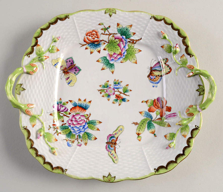 Queen Victoria (Green Border) Square Handled Cake Plate by Herend-1