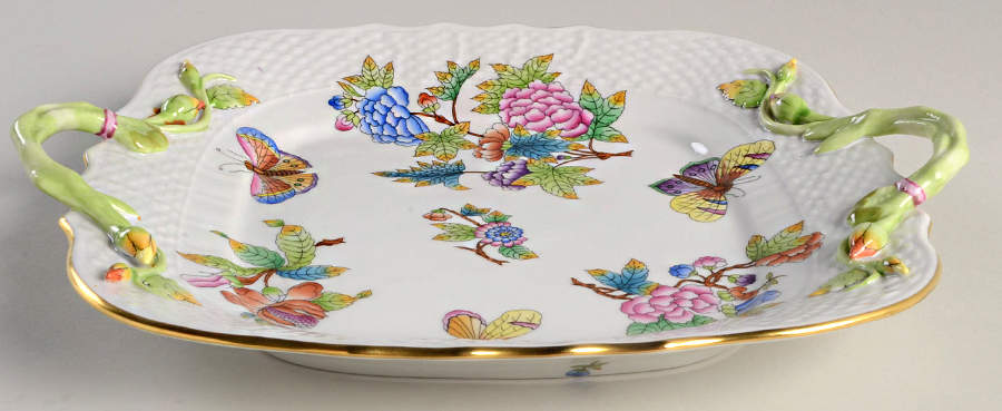 Queen Victoria (Green Border) Square Handled Cake Plate by Herend-1