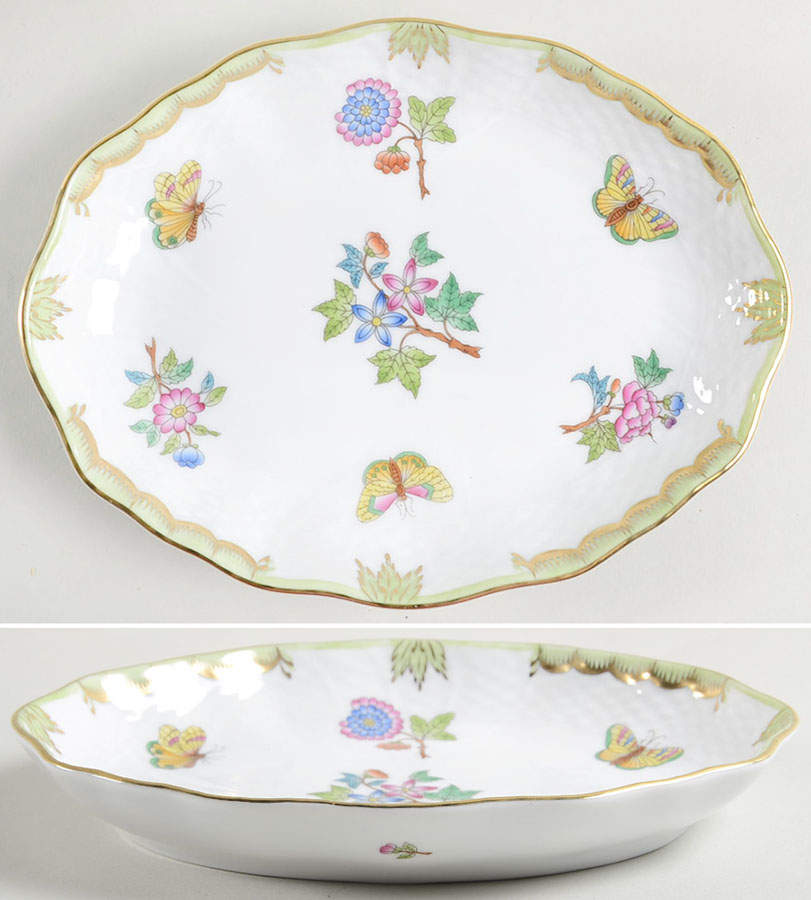 Queen Victoria (Green Border) 7" Oval Vegetable Bowl by Herend-1