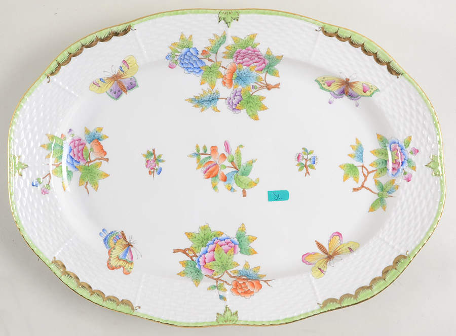 Queen Victoria (Green Border) 14" Oval Serving Platter by Herend-1