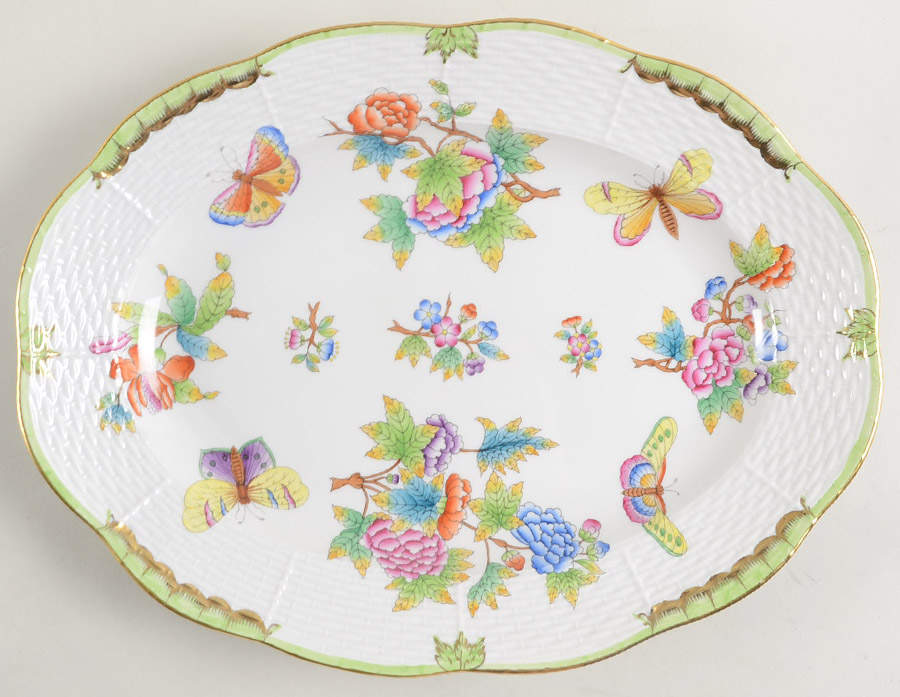 Queen Victoria (Green Border) 12" Oval Serving Platter by Herend-1