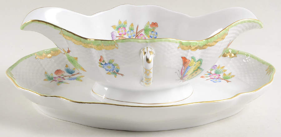 Queen Victoria (Green Border) Gravy Boat with Attached Underplate by Herend-1