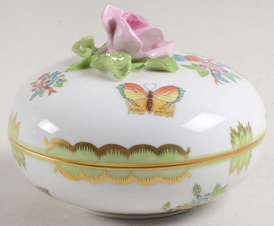 Queen Victoria (Green Border) Bon Bon & Lid by Herend-1