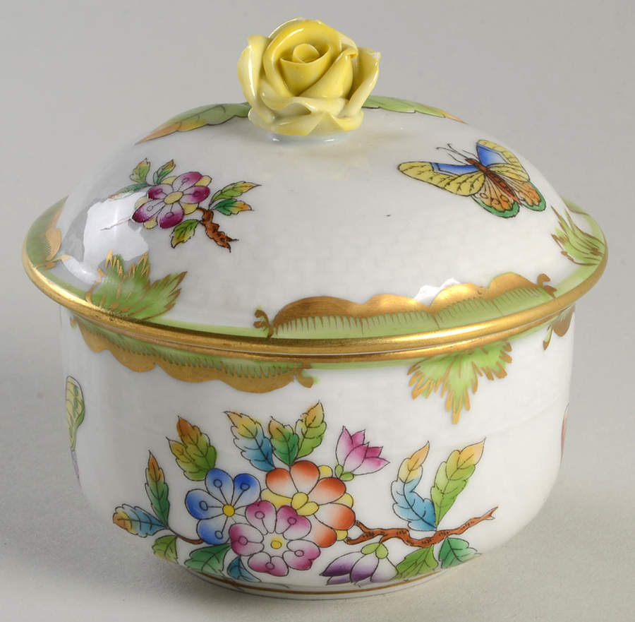Queen Victoria (Green Border) Mini Sugar Bowl & Lid by Herend-1