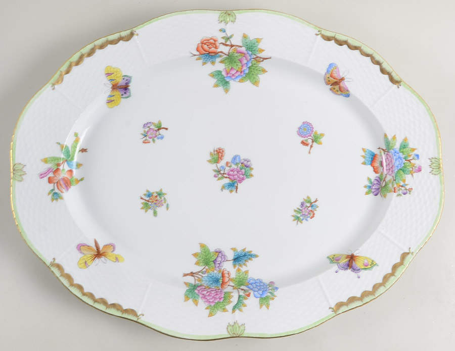 Queen Victoria (Green Border) 18" Oval Serving Platter by Herend-1