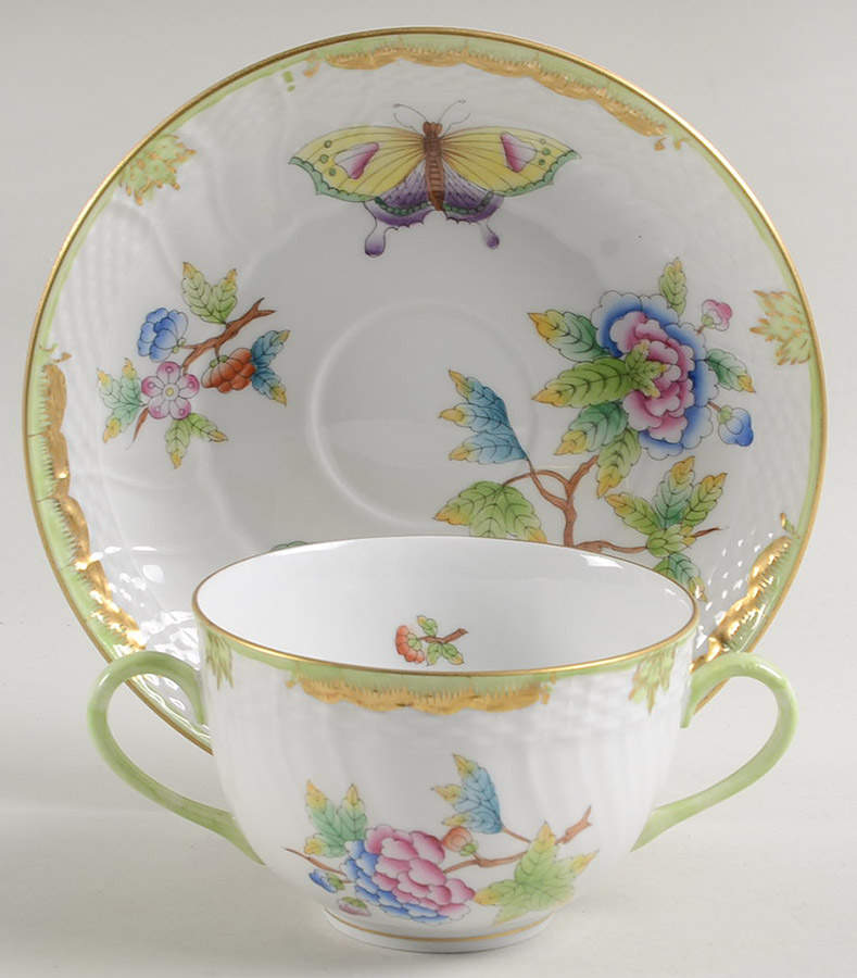 Queen Victoria (Green Border) Flat Bouillon Cup & Saucer by Herend-1