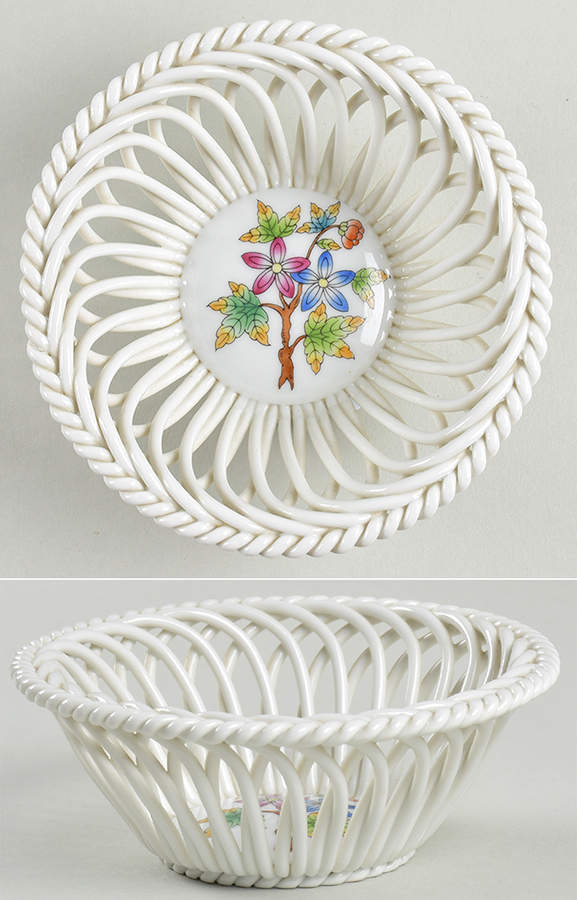 Queen Victoria (Green Border) 4" Small Round Open Weave Basket by Herend-1