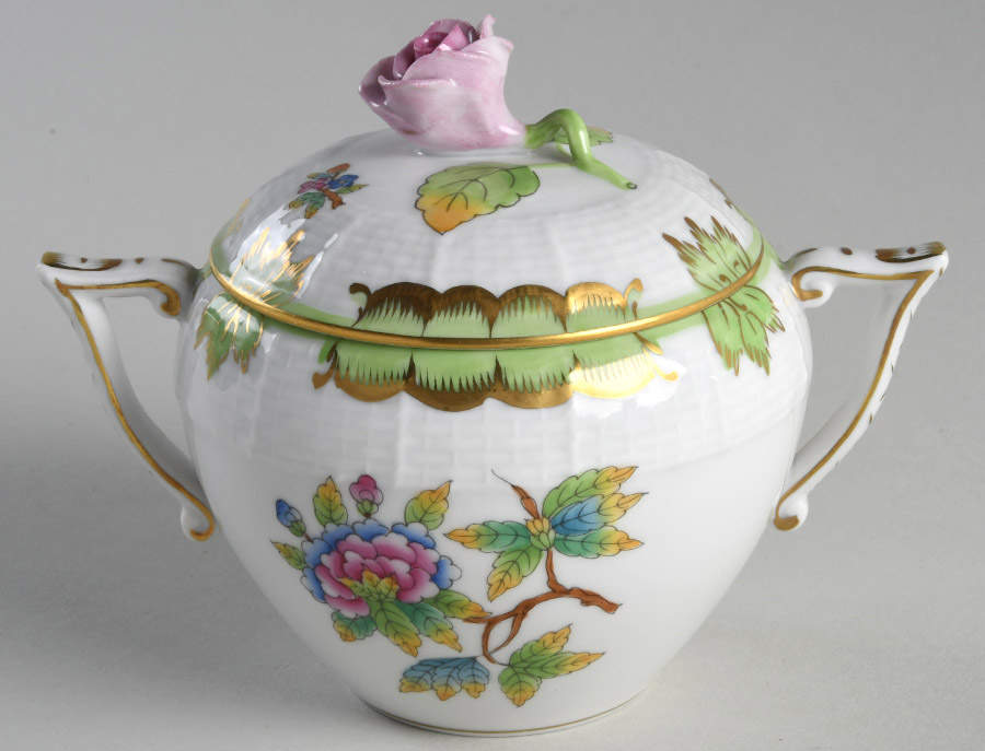 Queen Victoria (Green Border) Sugar Bowl & Lid by Herend-1