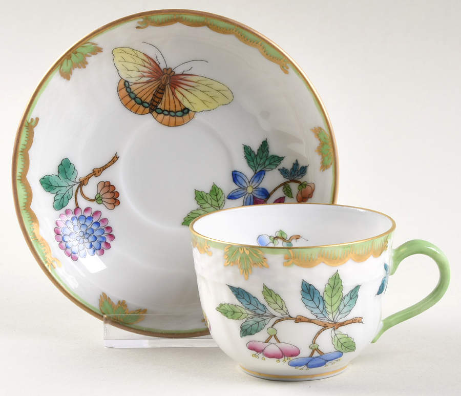 Queen Victoria (Green Border) Flat Demitasse Cup & Saucer Set by Herend-1