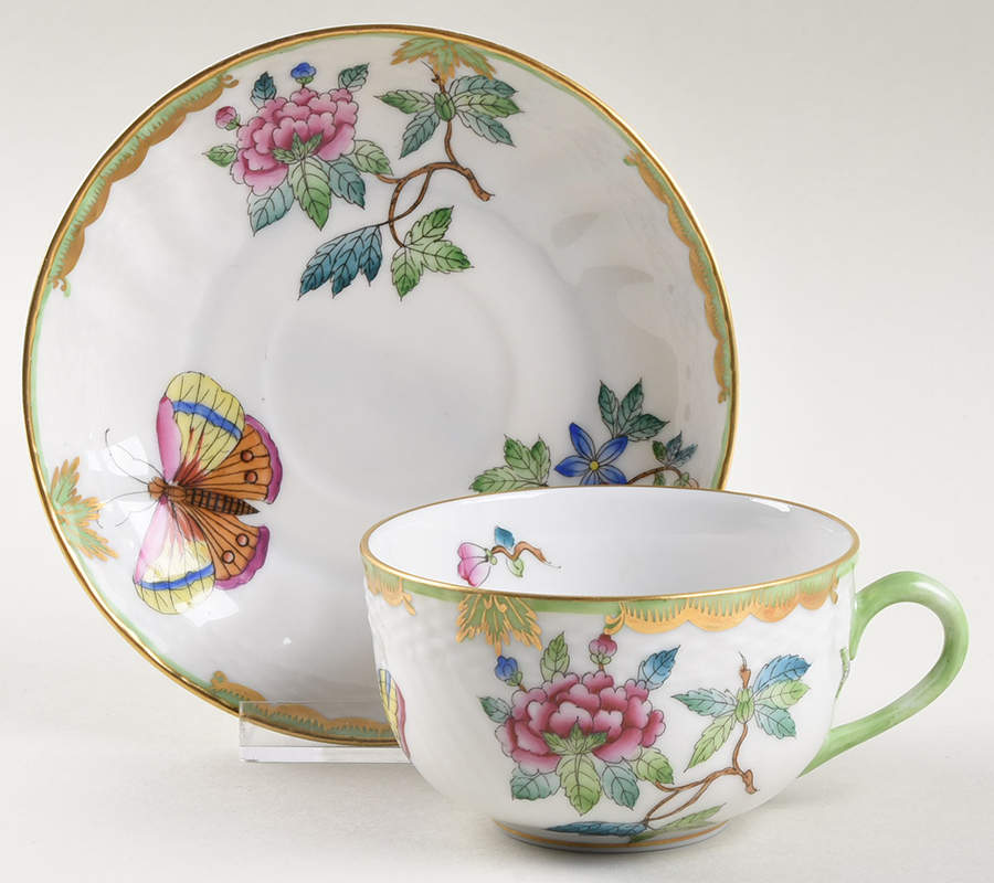 Queen Victoria (Green Border) Flat Cup & Saucer Set by Herend-1