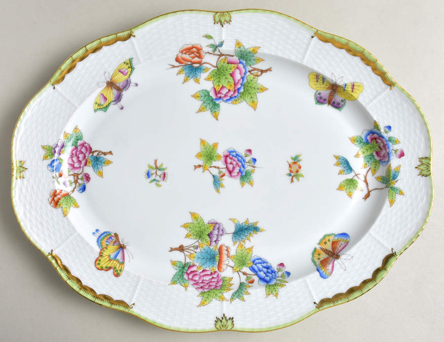 Queen Victoria (Green Border) 14" Oval Serving Platter by Herend-1