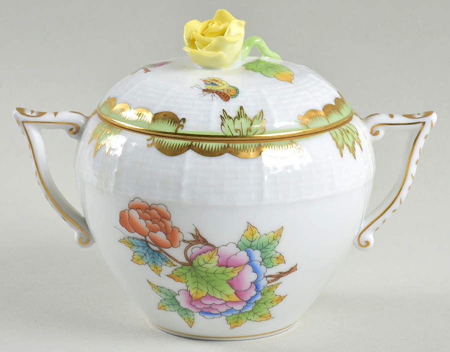 Queen Victoria (Green Border) Sugar Bowl & Lid by Herend-1