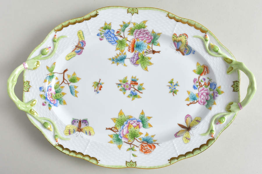 Queen Victoria (Green Border) 14" Oval Handled Platter by Herend-1