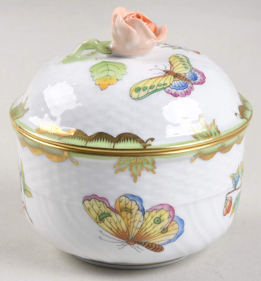 Queen Victoria (Green Border) Mini Sugar Bowl & Lid by Herend-1