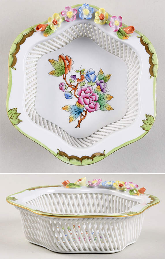 Queen Victoria (Green Border) 6" Open Weave Basket by Herend-1