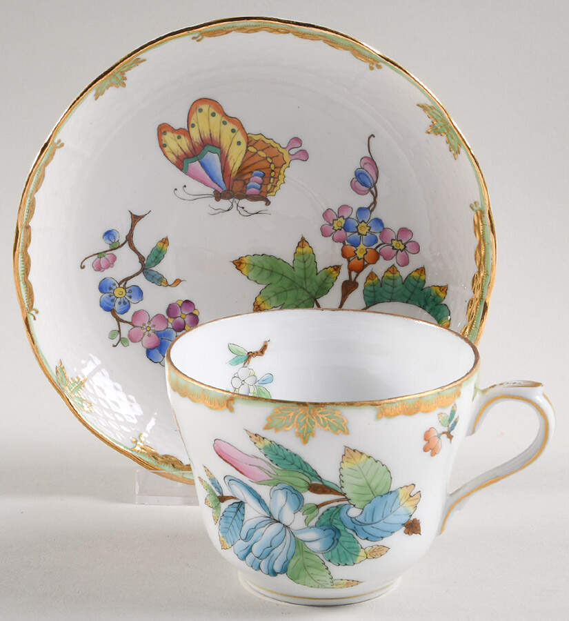 Queen Victoria (Green Border) Flat Cup & Saucer Set by Herend-1
