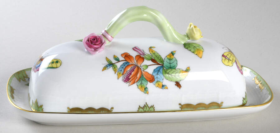 Queen Victoria (Green Border) Rectangular Covered Butter by Herend-1