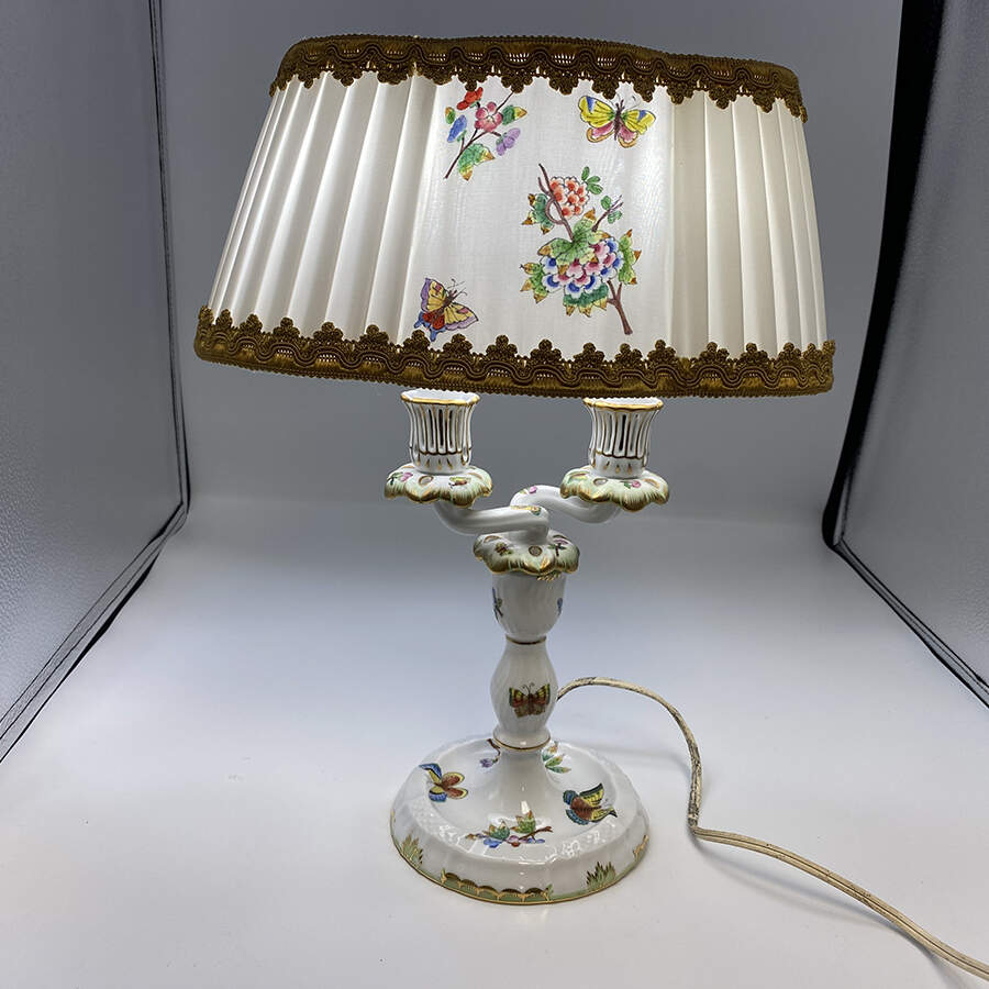 Queen Victoria (Green Border) Double Light Electric Lamp & Shade by Herend-1