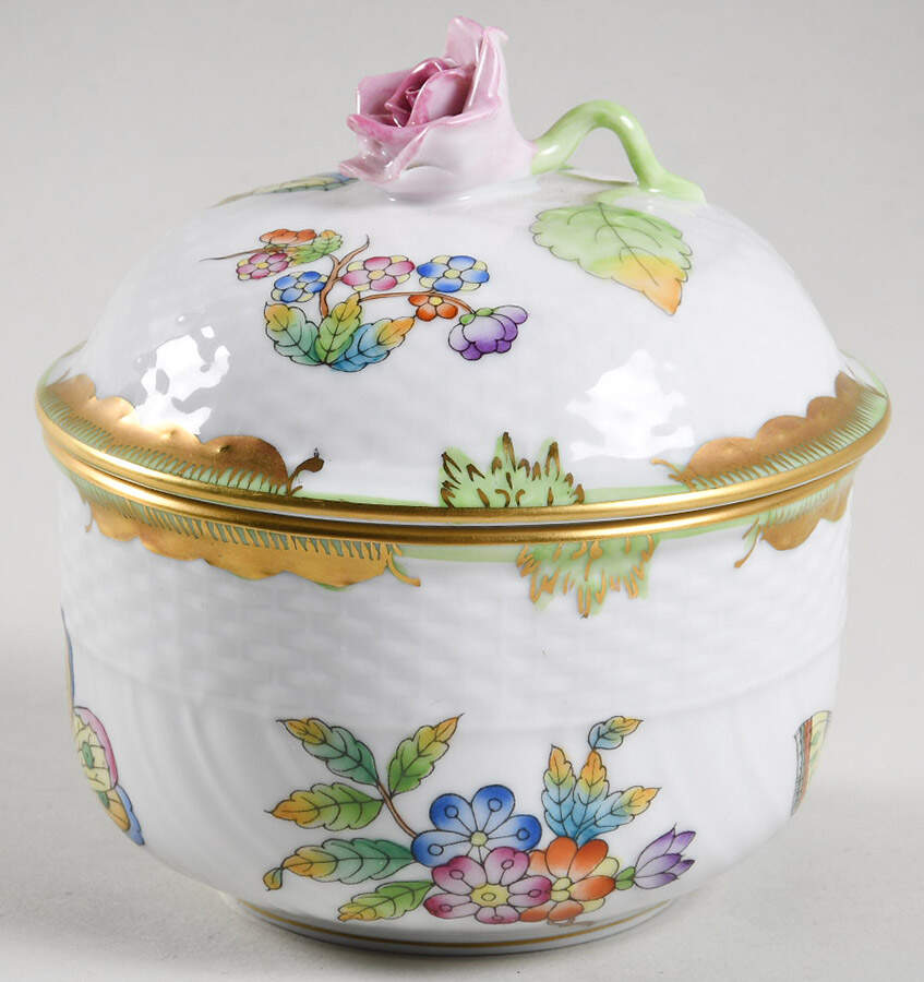 Queen Victoria (Green Border) Mini Sugar Bowl & Lid by Herend-1