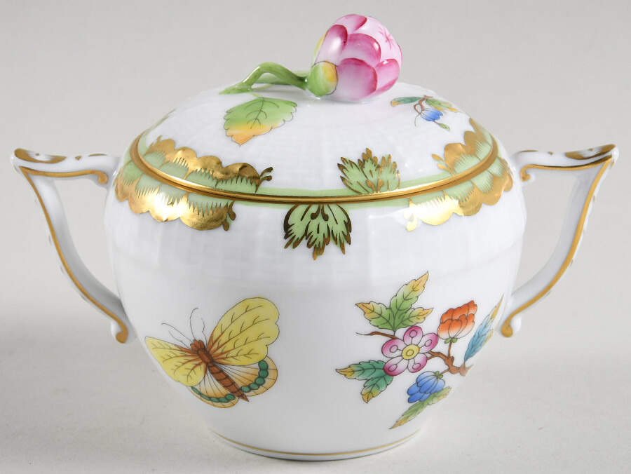 Queen Victoria (Green Border) Sugar Bowl & Lid by Herend-1