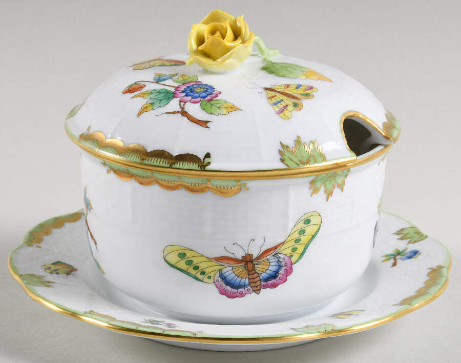 Queen Victoria (Green Border) Jam/Jelly & Lid w/Attached Underplate by Herend-1