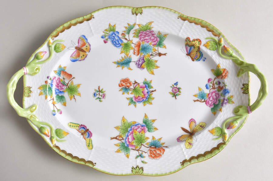 Queen Victoria (Green Border) 14" Oval Handled Platter by Herend-1