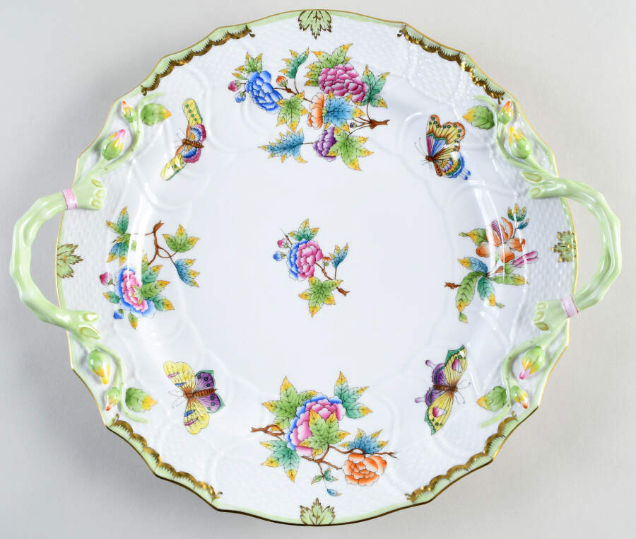 Queen Victoria (Green Border) 12" Handled Chop Plate (Round Platter) by Herend-1