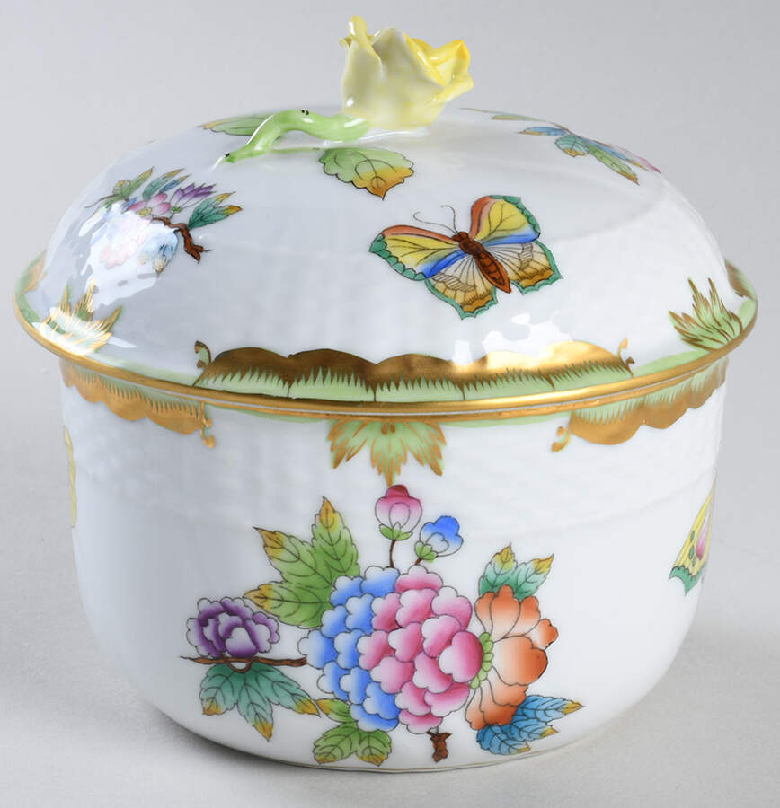 Queen Victoria (Green Border) Sugar Bowl & Lid by Herend-1
