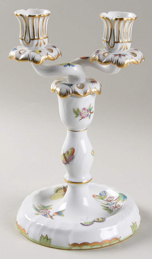 Queen Victoria (Green Border) 9" Double Light Candlestick by Herend-1