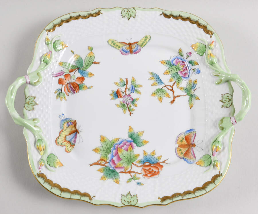 Queen Victoria (Green Border) Square Handled Cake Plate by Herend-1