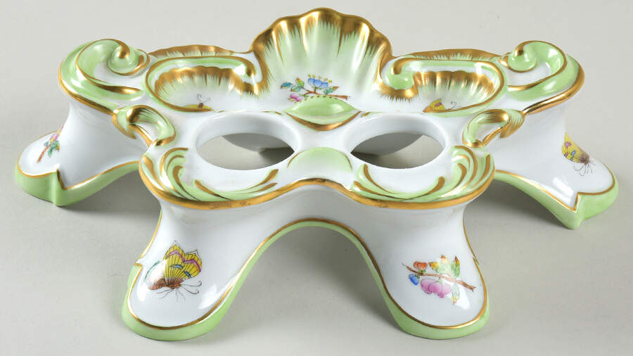 Queen Victoria (Green Border) Double Ink Stand No Inserts Or Lids by Herend-1