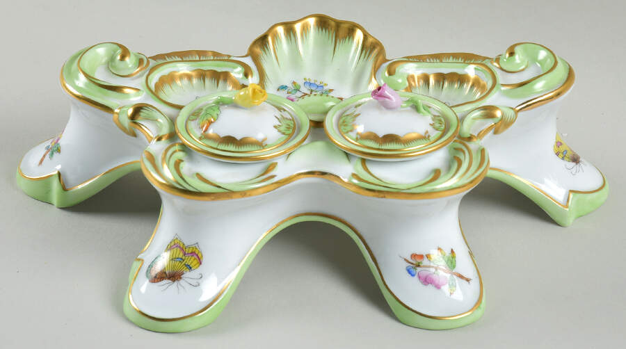 Queen Victoria (Green Border) Double Ink Stand 7 Inserts with Lids by Herend-1