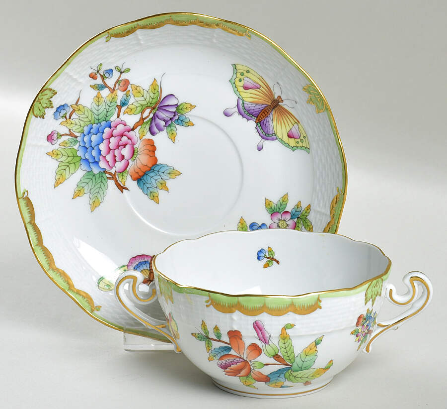 Queen Victoria (Green Border) Flat Cream Soup Bowl & Saucer Set by Herend-1