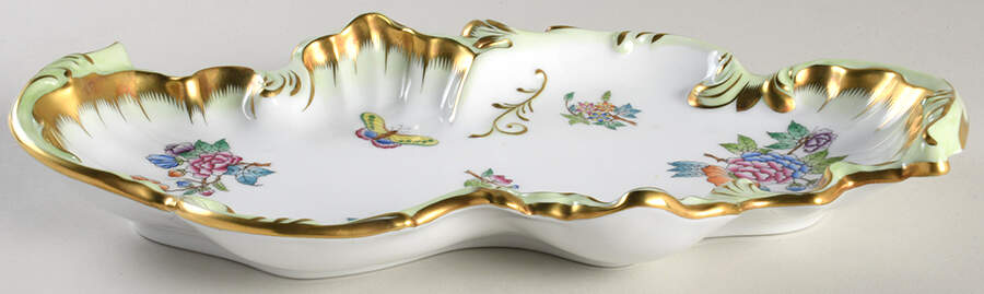 Queen Victoria (Green Border) 2 Section Rococo Dish by Herend-1