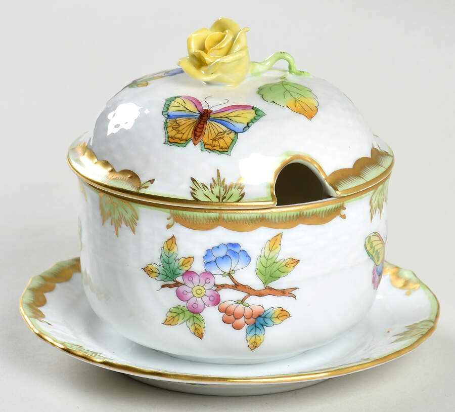 Queen Victoria (Green Border) Jam/Jelly & Lid w/Attached Underplate by Herend-1