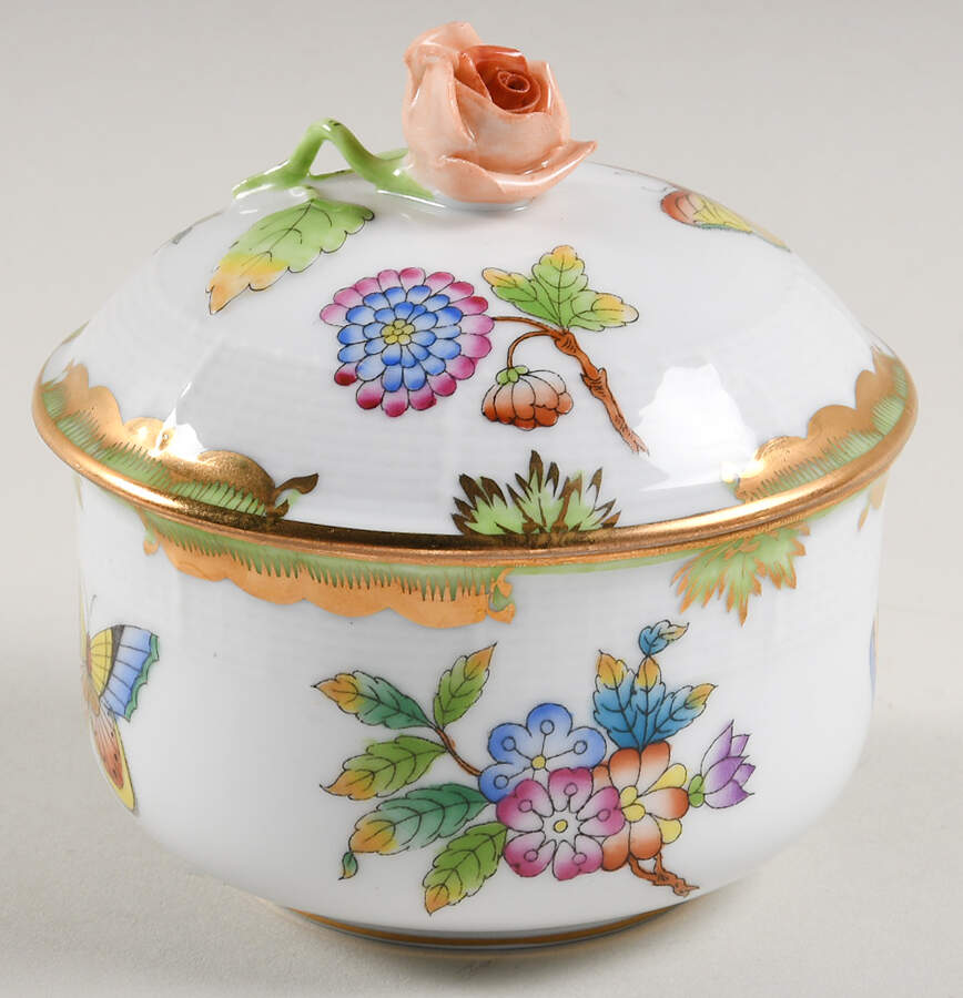 Queen Victoria (Green Border) Mini Sugar Bowl & Lid by Herend-1