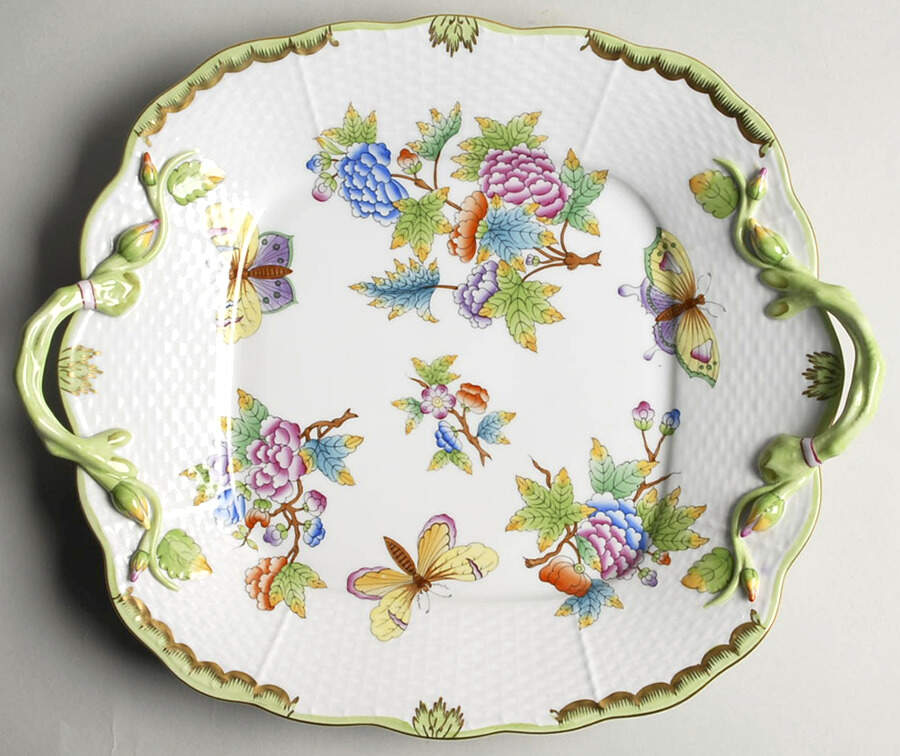 Queen Victoria (Green Border) Square Handled Cake Plate by Herend-1