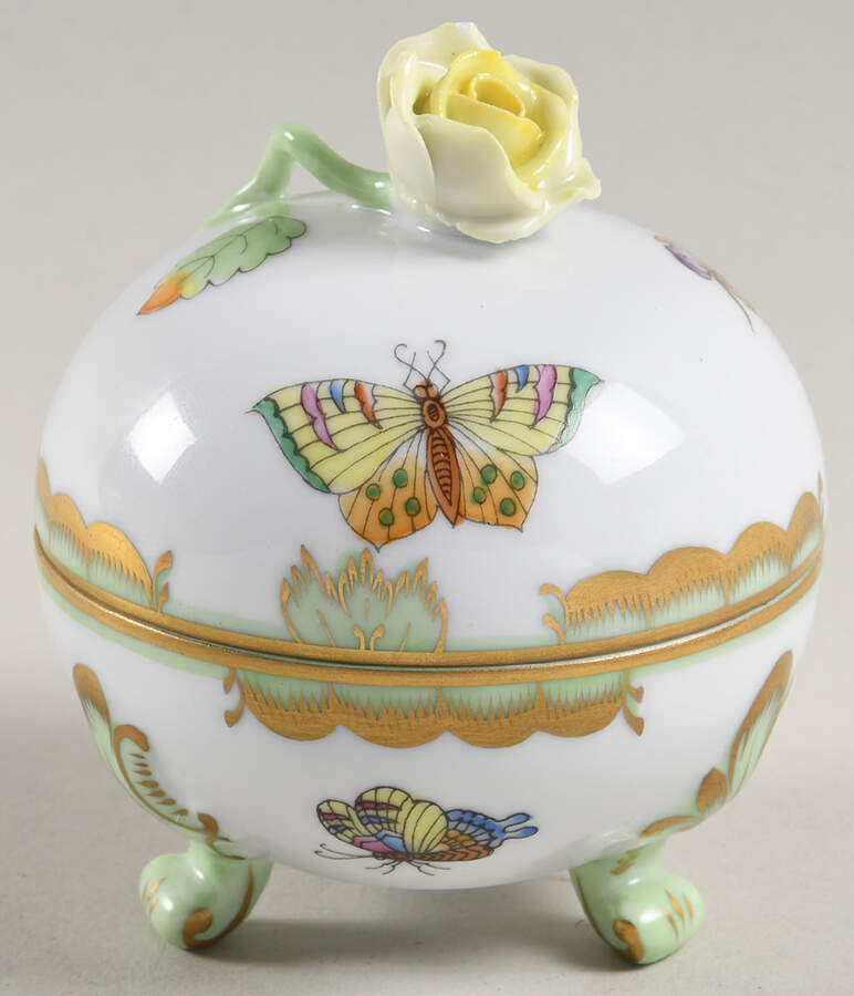 Queen Victoria (Green Border) Footed Bon Bon & Lid by Herend-1