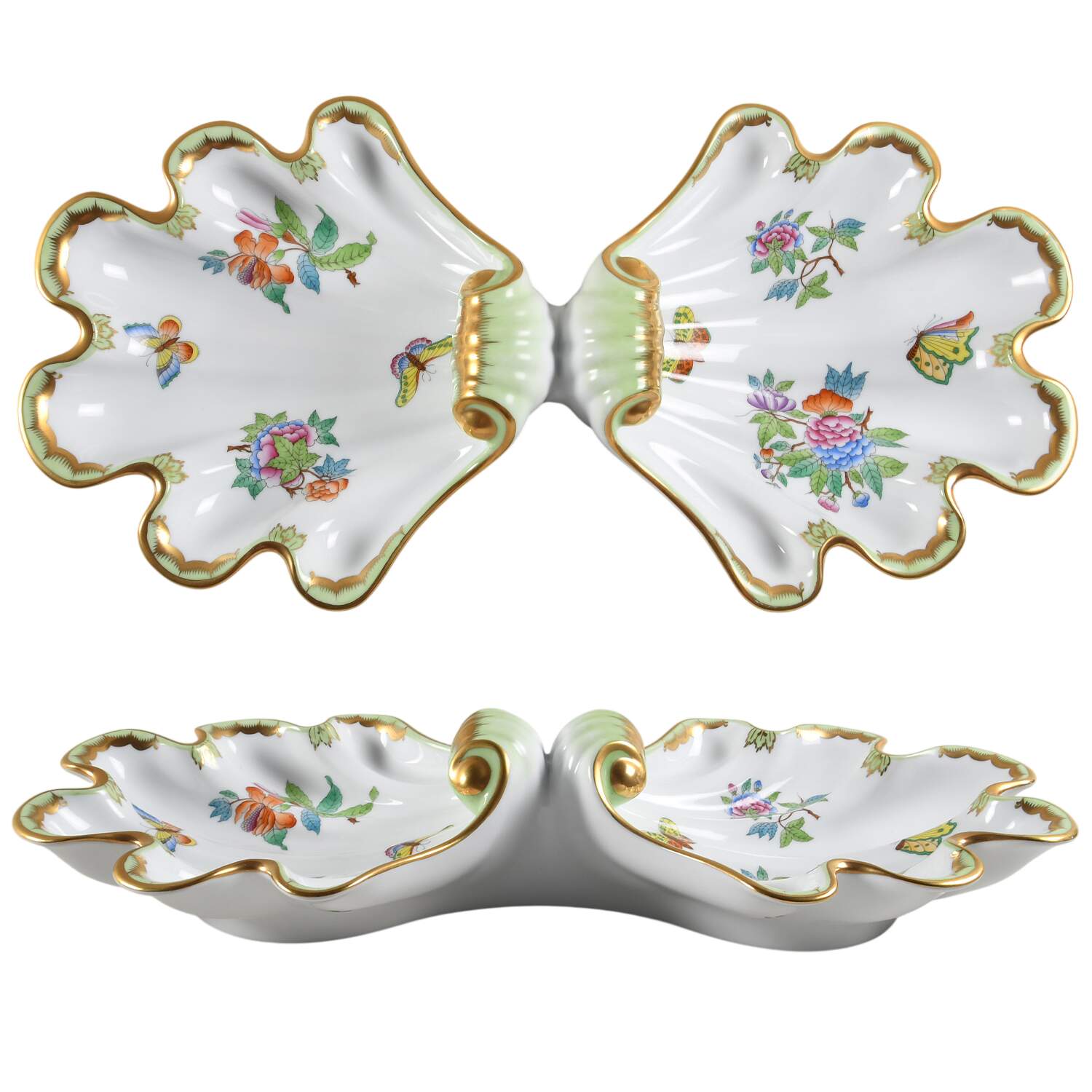 Queen Victoria (Green Border) 2 Part Shell Shaped Dish by Herend-1