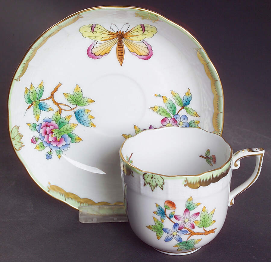 Queen Victoria (Green Border) Mocha Cup & Saucer Set by Herend-1