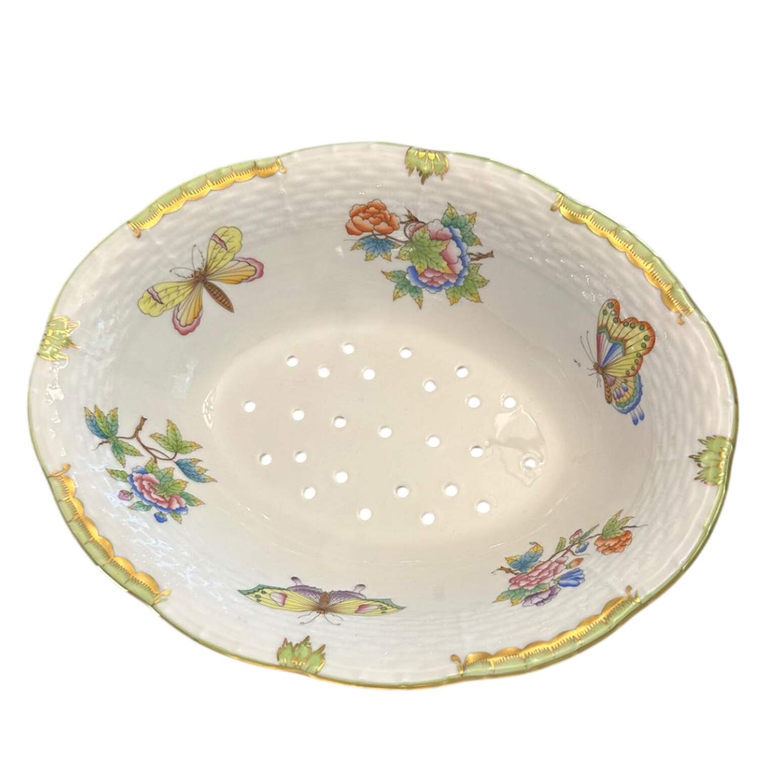 Queen Victoria (Green Border) Large Pierced Fruit Bowl by Herend-1