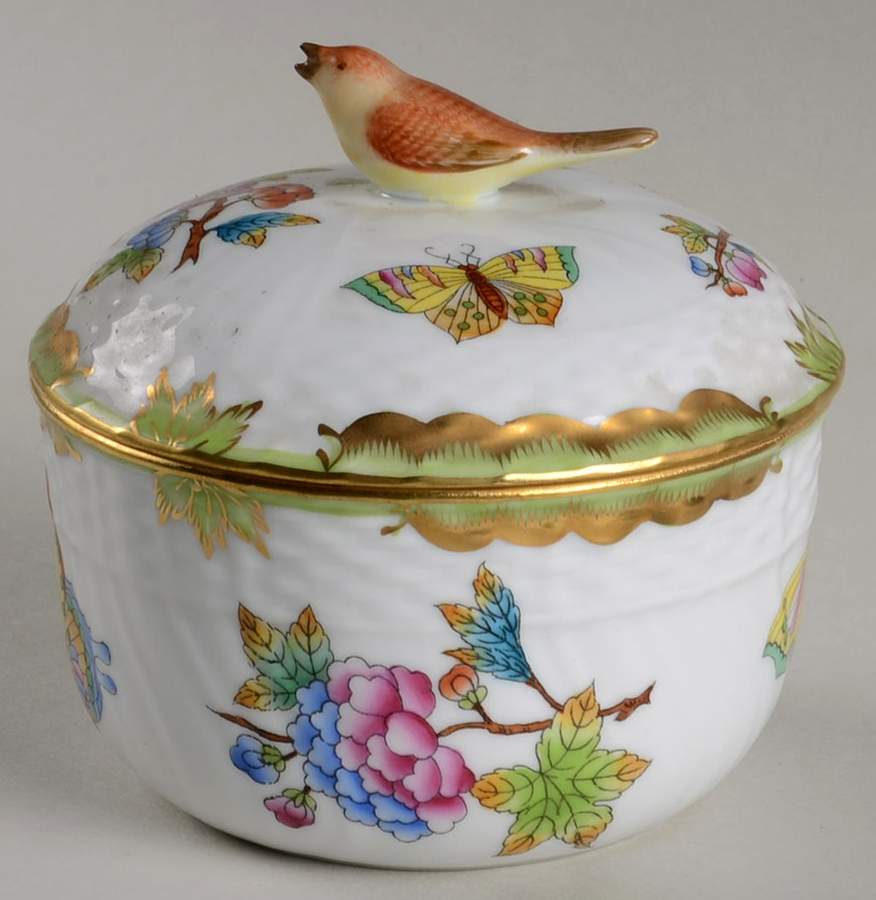 Queen Victoria (Green Border) Sugar Bowl & Lid by Herend-1