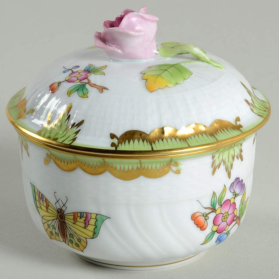 Queen Victoria (Green Border) Mini Sugar Bowl & Lid by Herend-1