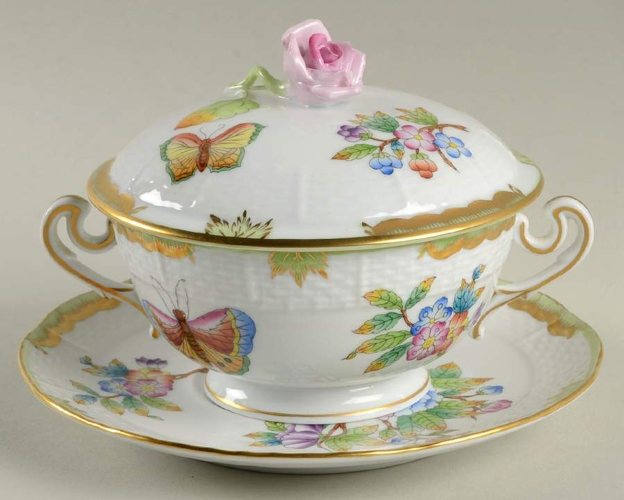 Queen Victoria (Green Border) Cream Soup Bowl & Saucer Set with Lid by Herend-1