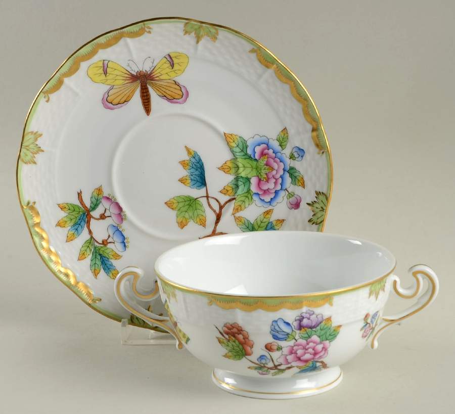 Queen Victoria (Green Border) Cream Soup Bowl & Saucer Set by Herend-1