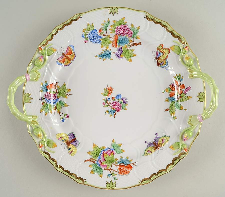 Queen Victoria (Green Border) 13" Handled Chop Plate (Round Platter) by Herend-1