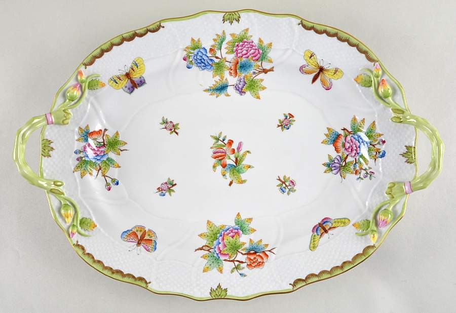 Queen Victoria (Green Border) 18" Oval Handled Platter by Herend-1