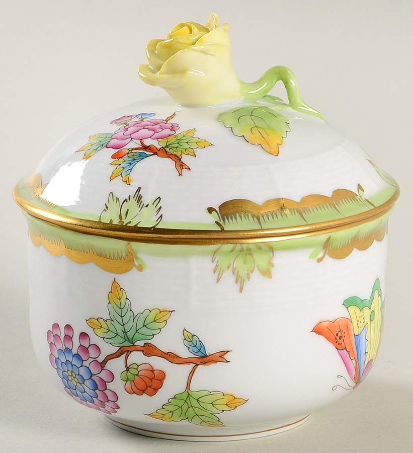 Queen Victoria (Green Border) Mini Sugar Bowl & Lid by Herend-1