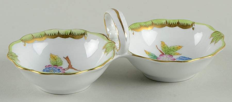 Queen Victoria (Green Border) Twin Salt Dip W/Center Handle by Herend-1